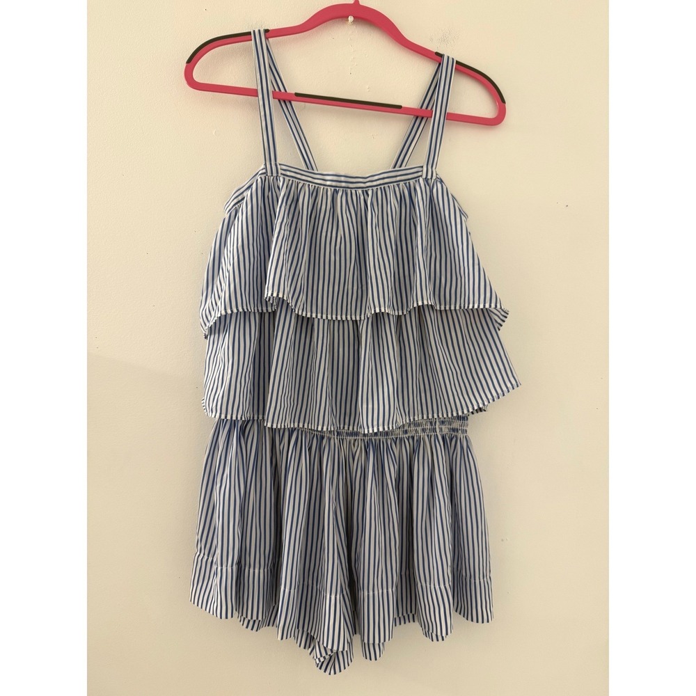 KOCH Blue White Striped Tiered Ruffle Cami and Smocked Shorts Set Small/Medium